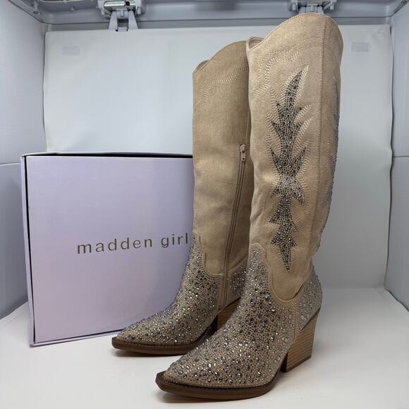 Madden Girl Apple Western Boots Womens 8 Sand Rhinestones Cowboy Boots NIB - Picture 3 of 15